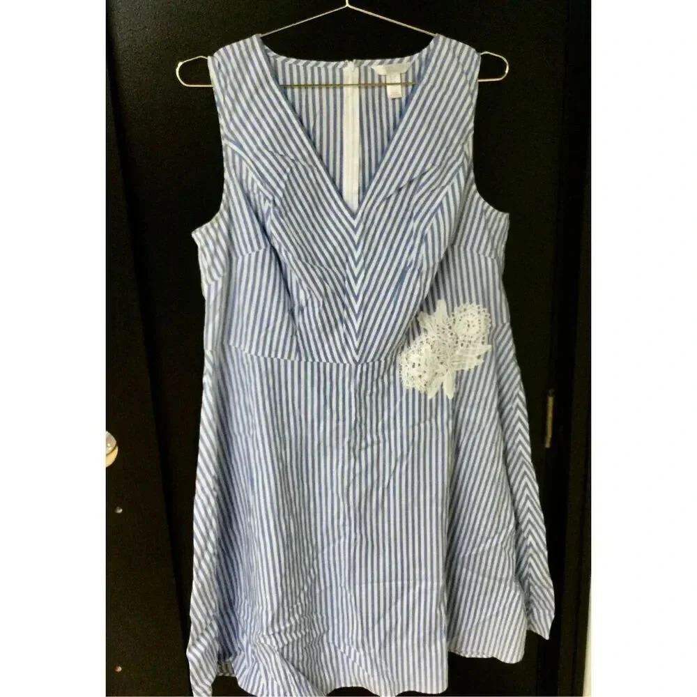 Vintage London Times Womens Blue White Stripe Floral‎ Embroidered Dress Size 14W